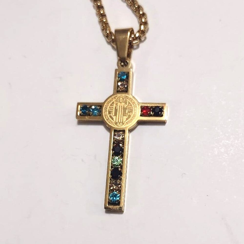 Gold Catholic Cross Necklace Jesus Gemstone Christian Christmas Birthday Gift